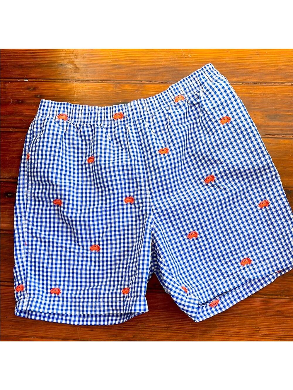 J. McLaughlin picnic plaid crab embroidered nautical pull on lined swim trunks M